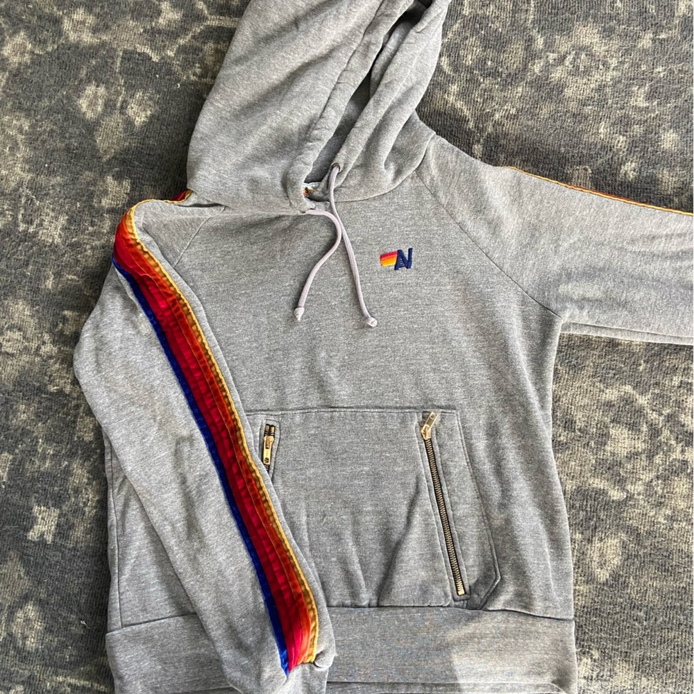 Aviator Nation Gray Hoodie with Rainbow Stripe